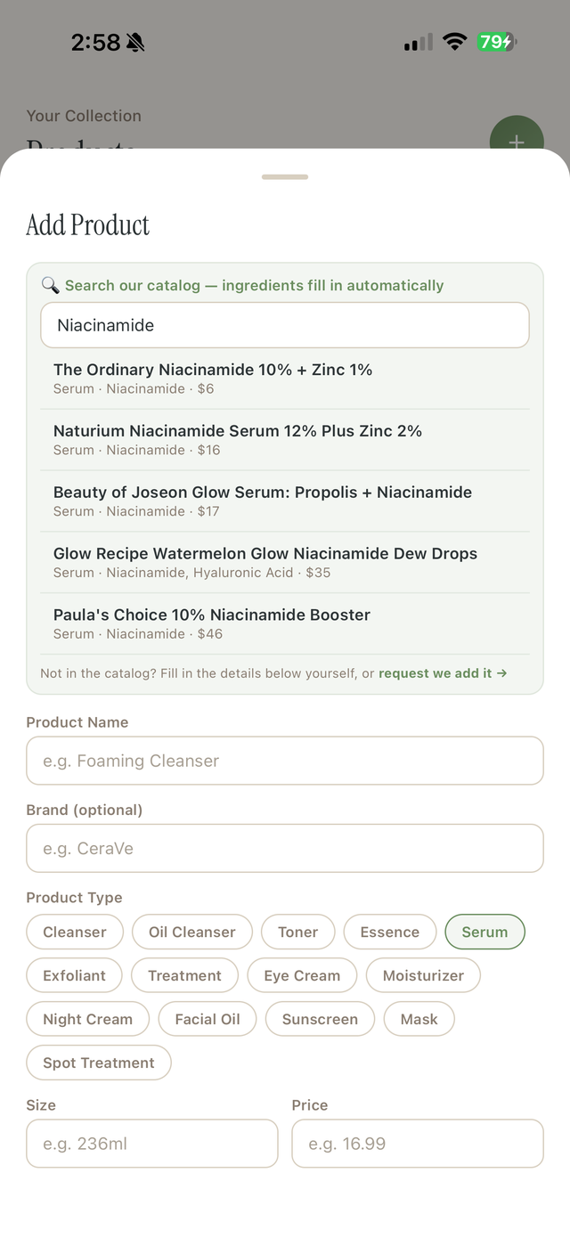 Adding a product — catalog search autofills ingredients