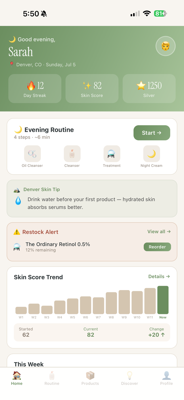 Selv Skin home screen with skin score, streak, and today’s routine