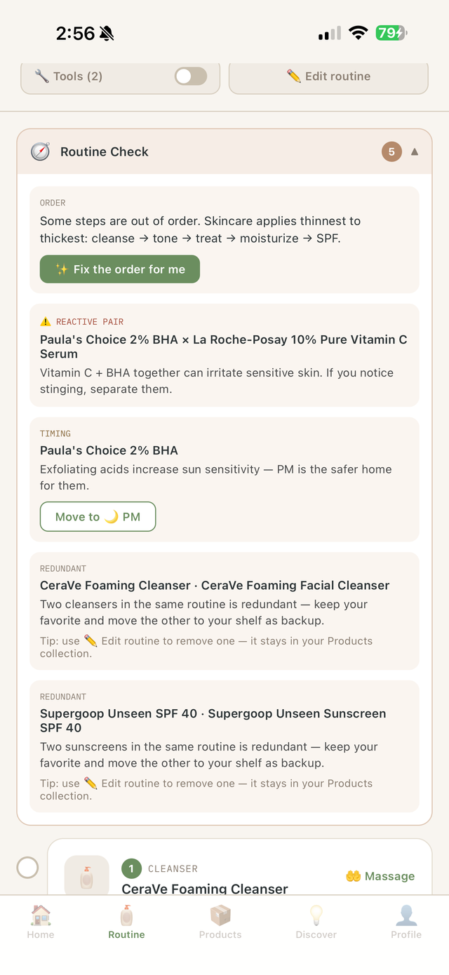 Routine Check flagging a reactive ingredient pair with one-tap fixes