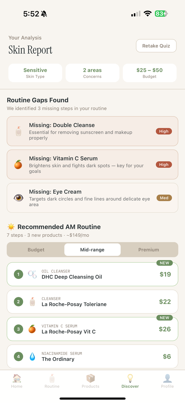 Skin Report showing routine gaps and recommendations