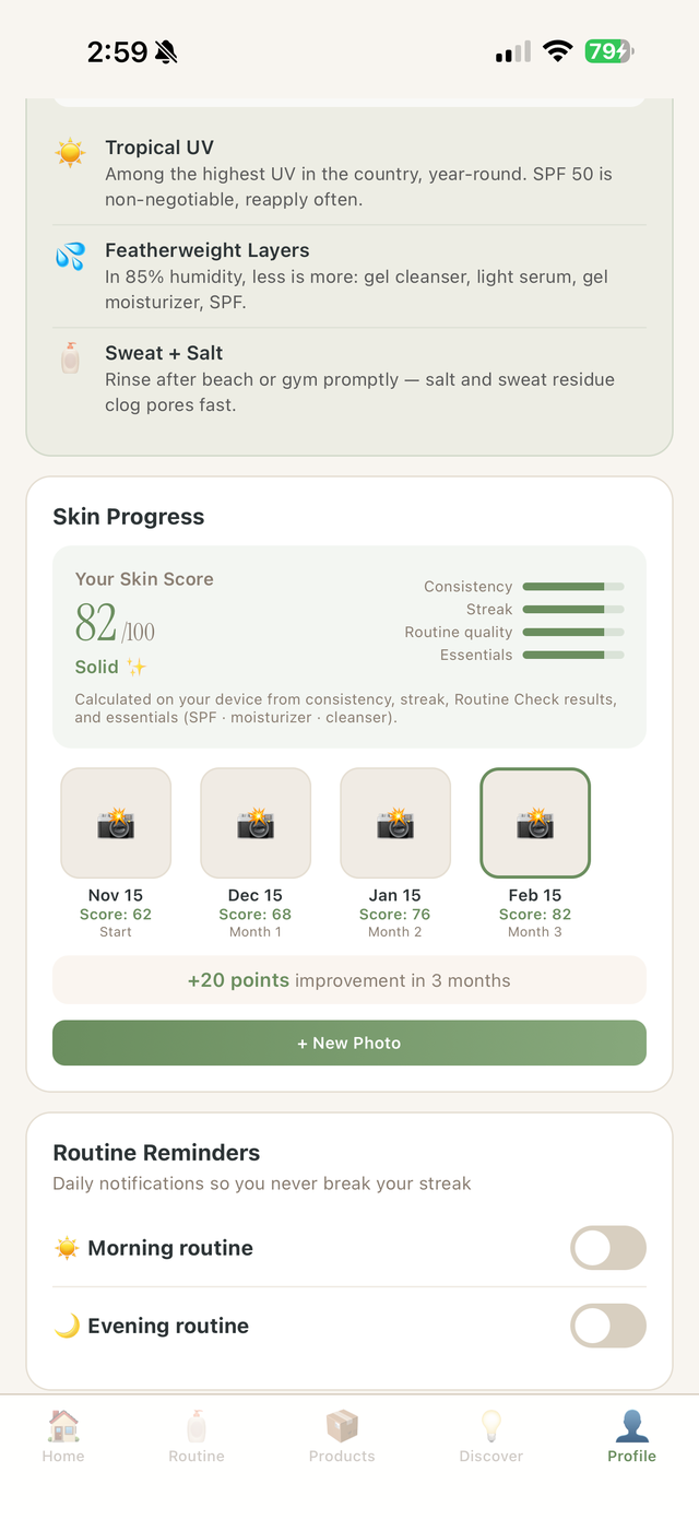 Skin Score with consistency, streak, quality, and essentials breakdown